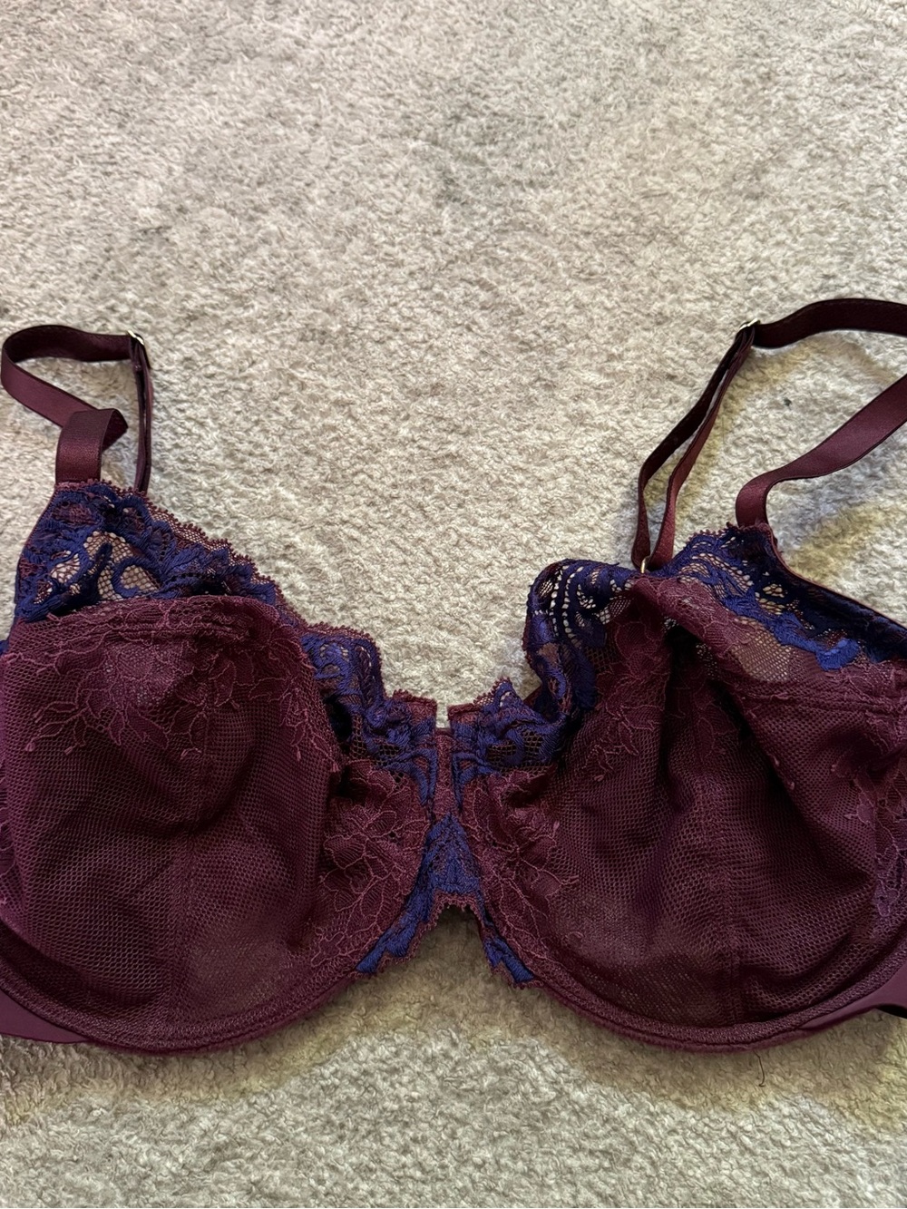 Natori Burgundy Bra with Navy Lace Trim